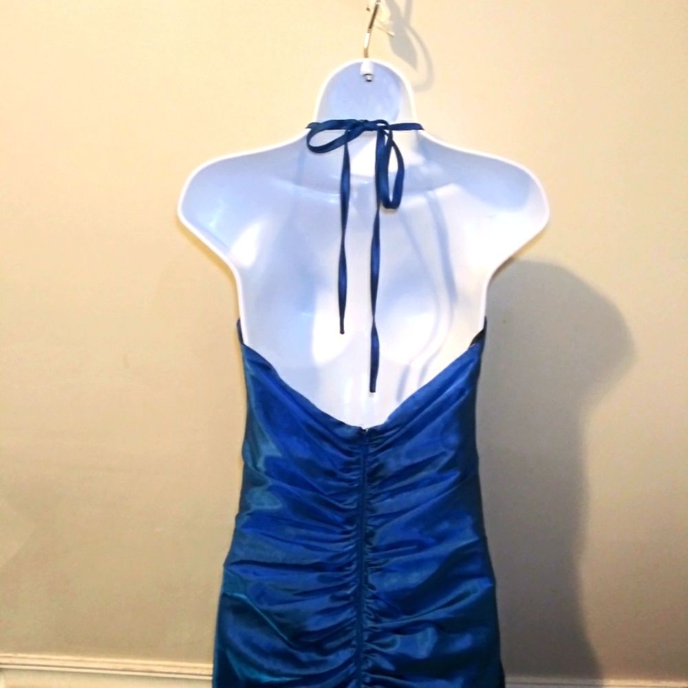 Vintage 90's Jessica McClintock Sexy Blue Satin & Rhinestone Ruched Halter Dress - Picture 6 of 11